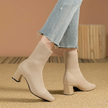 Stretch Knit Square Toe Block Heel Sock Boots