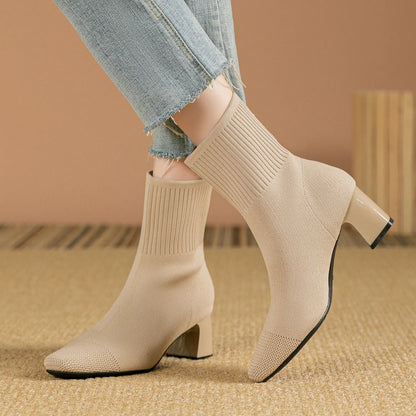 Stretch Knit Square Toe Block Heel Sock Boots