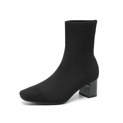 Stretch Knit Square Toe Block Heel Sock Boots