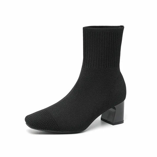 Stretch Knit Square Toe Block Heel Sock Boots