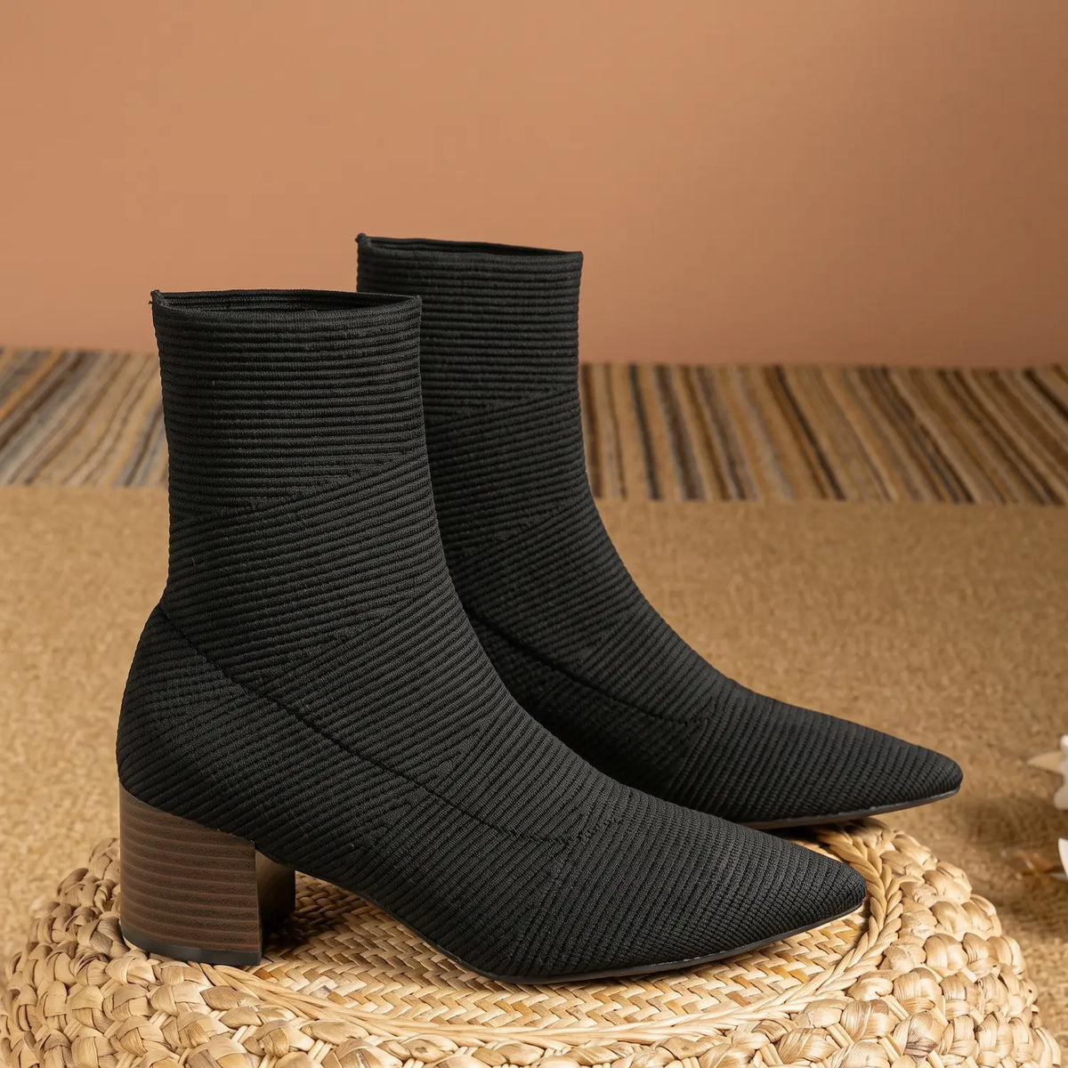 Stretch Knit Square Toe Block Heel Sock Boots
