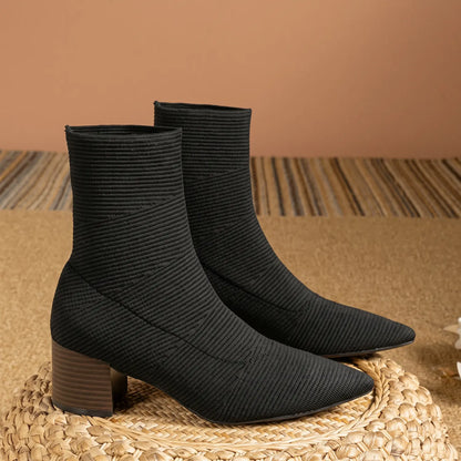 Stretch Knit Square Toe Block Heel Sock Boots