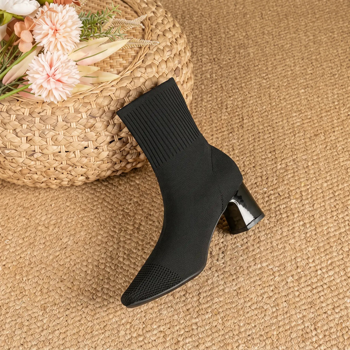 Stretch Knit Square Toe Block Heel Sock Boots