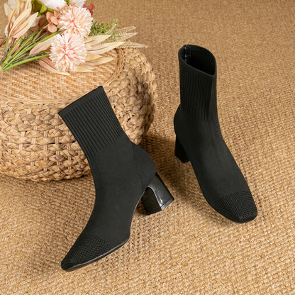 Stretch Knit Square Toe Block Heel Sock Boots
