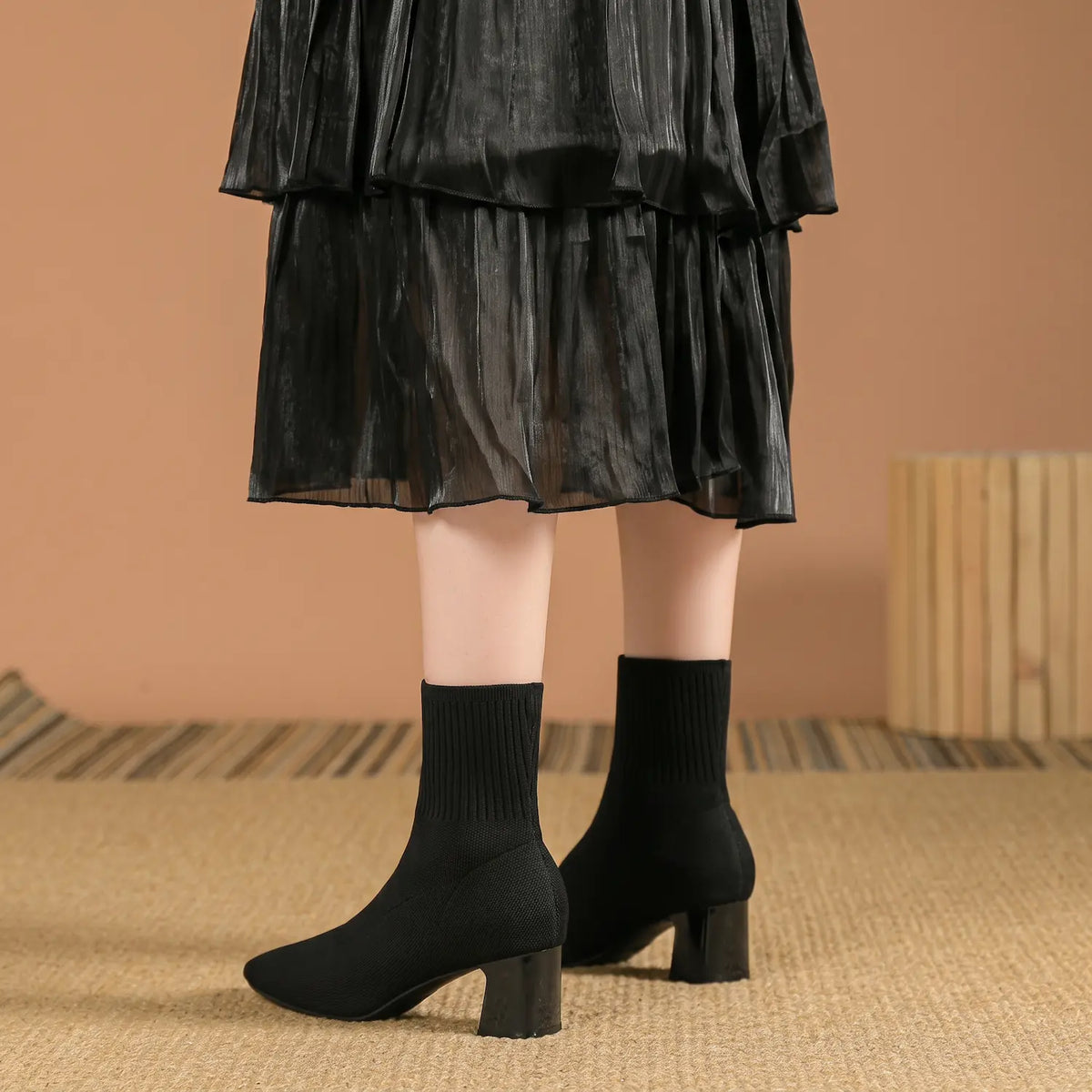 Stretch Knit Square Toe Block Heel Sock Boots