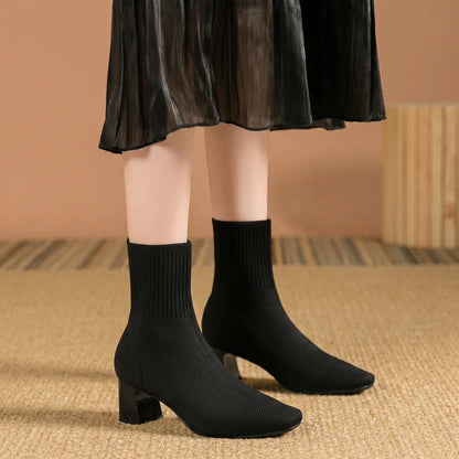 Stretch Knit Square Toe Block Heel Sock Boots