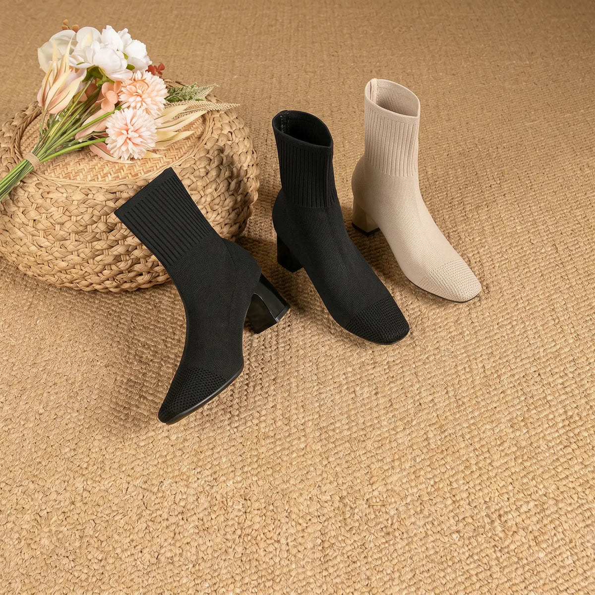 Stretch Knit Square Toe Block Heel Sock Boots