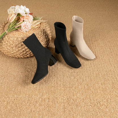 Stretch Knit Square Toe Block Heel Sock Boots