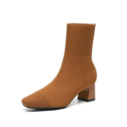 Stretch Knit Square Toe Block Heel Sock Boots