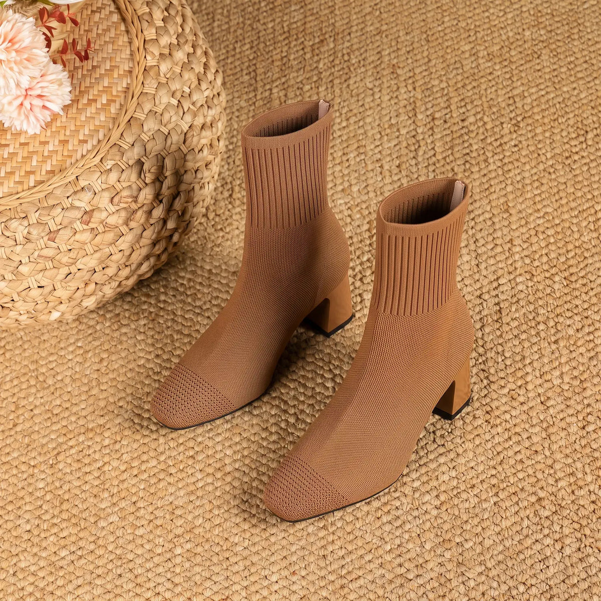 Stretch Knit Square Toe Block Heel Sock Boots