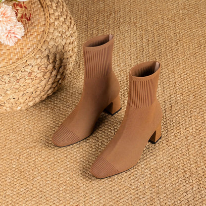 Stretch Knit Square Toe Block Heel Sock Boots