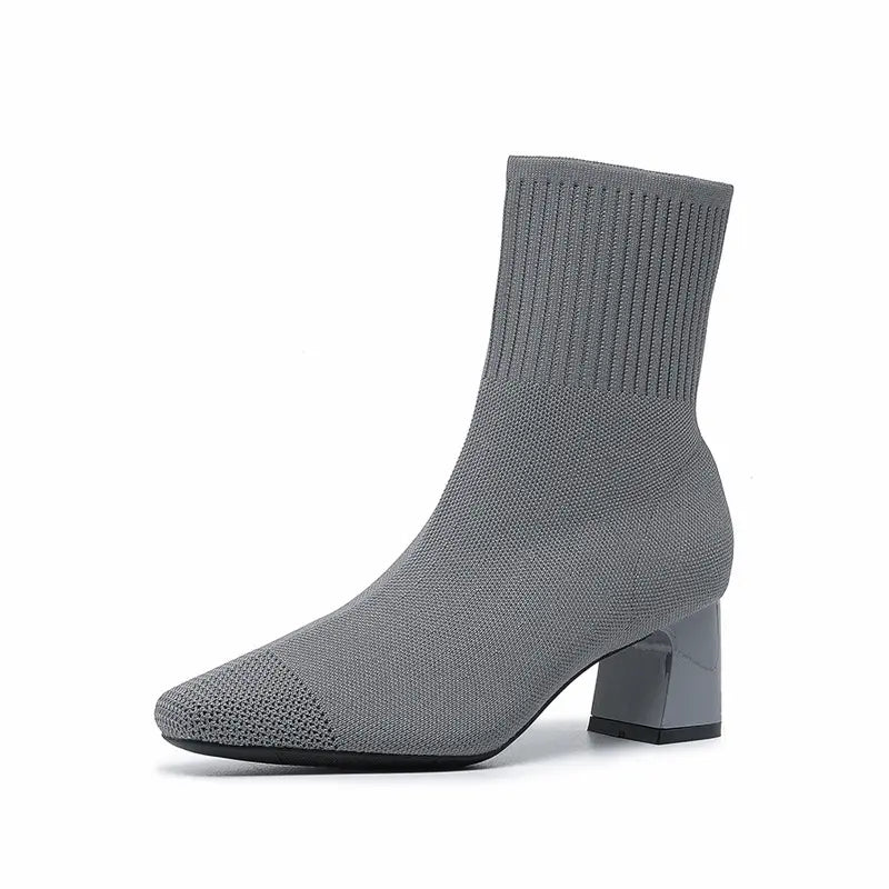Stretch Knit Square Toe Block Heel Sock Boots