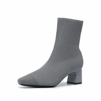 Stretch Knit Square Toe Block Heel Sock Boots