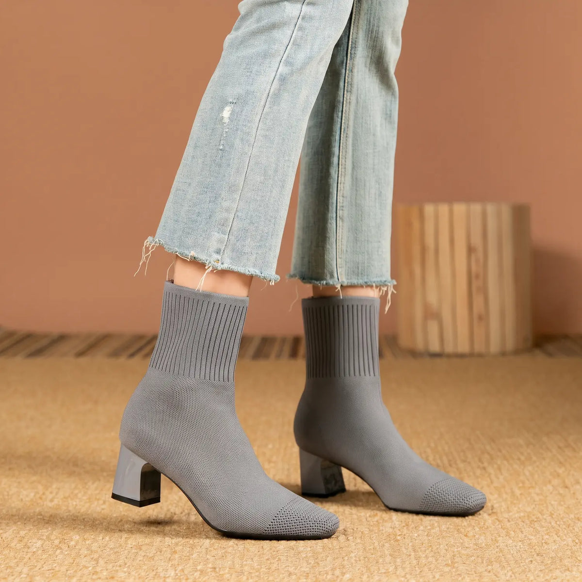 Stretch Knit Square Toe Block Heel Sock Boots