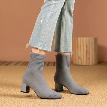 Stretch Knit Square Toe Block Heel Sock Boots