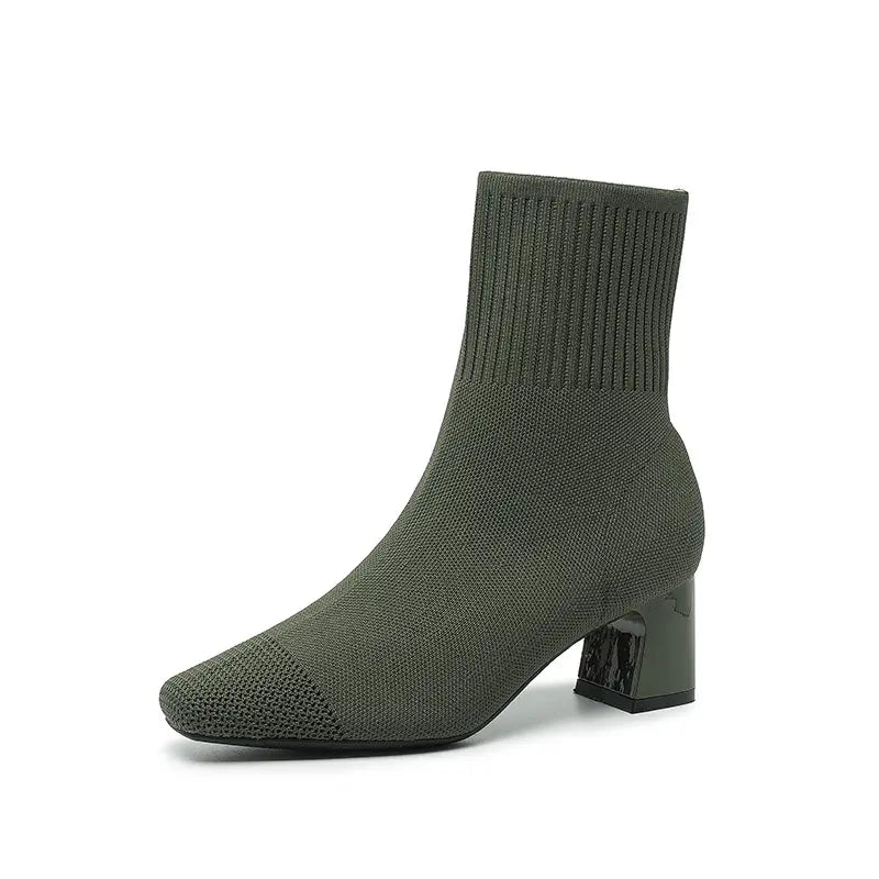 Stretch Knit Square Toe Block Heel Sock Boots