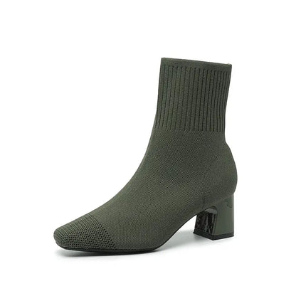 Stretch Knit Square Toe Block Heel Sock Boots