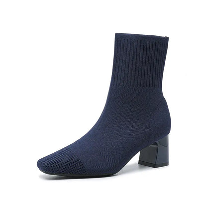 Stretch Knit Square Toe Block Heel Sock Boots