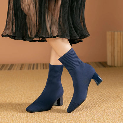 Stretch Knit Square Toe Block Heel Sock Boots