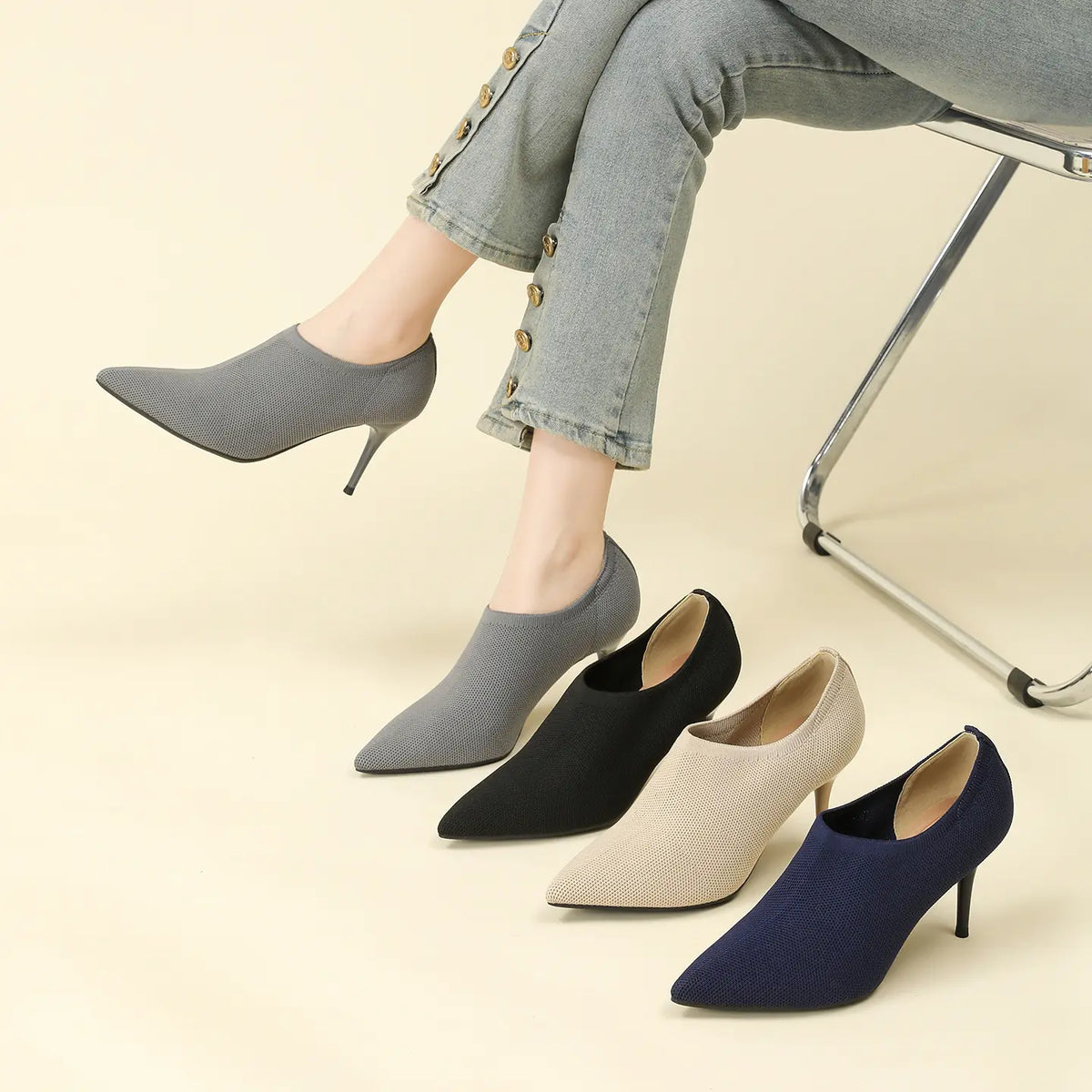 Slip-On Stretch Knit Pointed Toe Stiletto Pumps