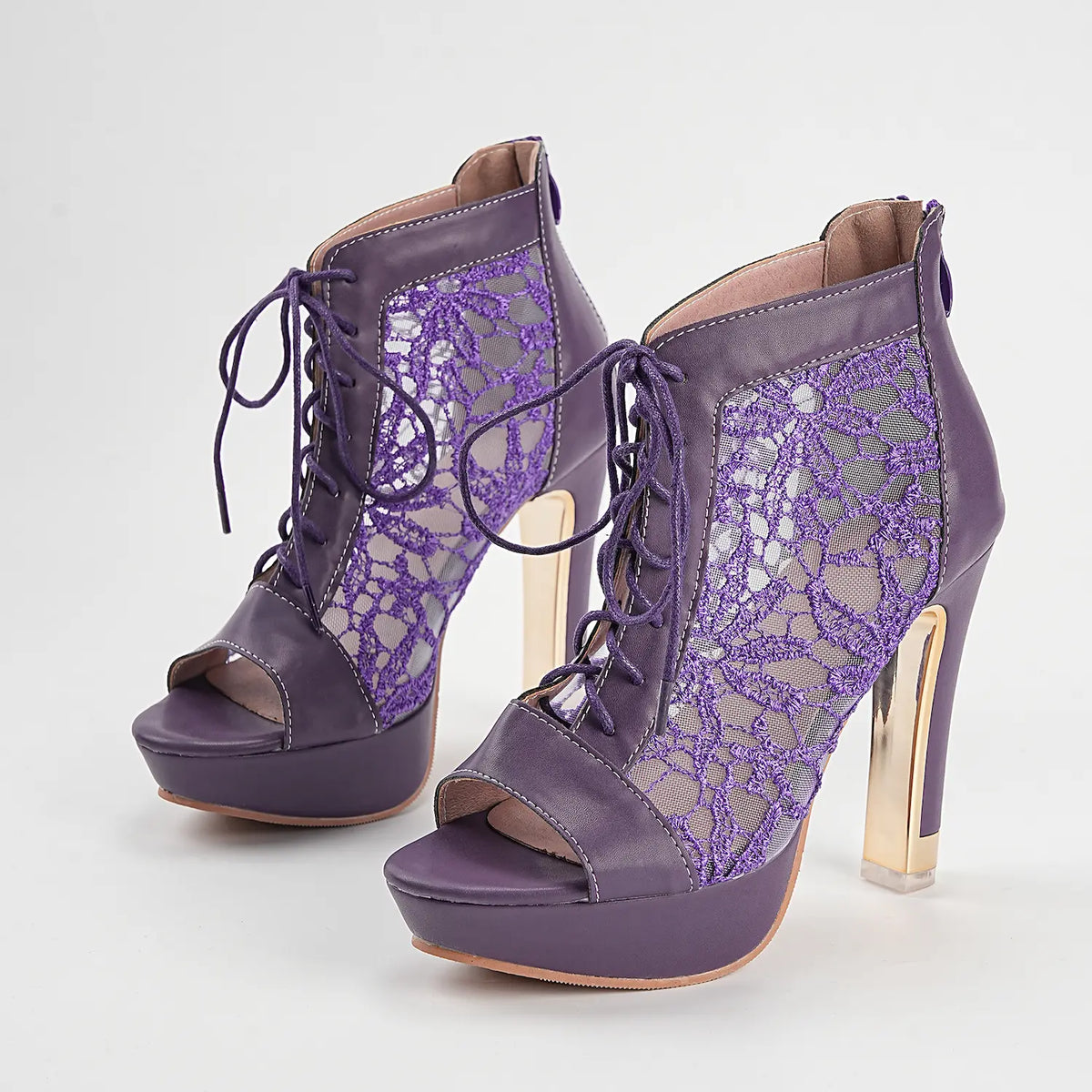 Floral Mesh Lace Up Peep Toe Platform Block Heel Booties