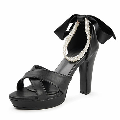 Pearl Ribbon Criss Cross Bridal Block Heel Sandals