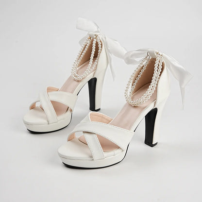 Pearl Ribbon Criss Cross Bridal Block Heel Sandals
