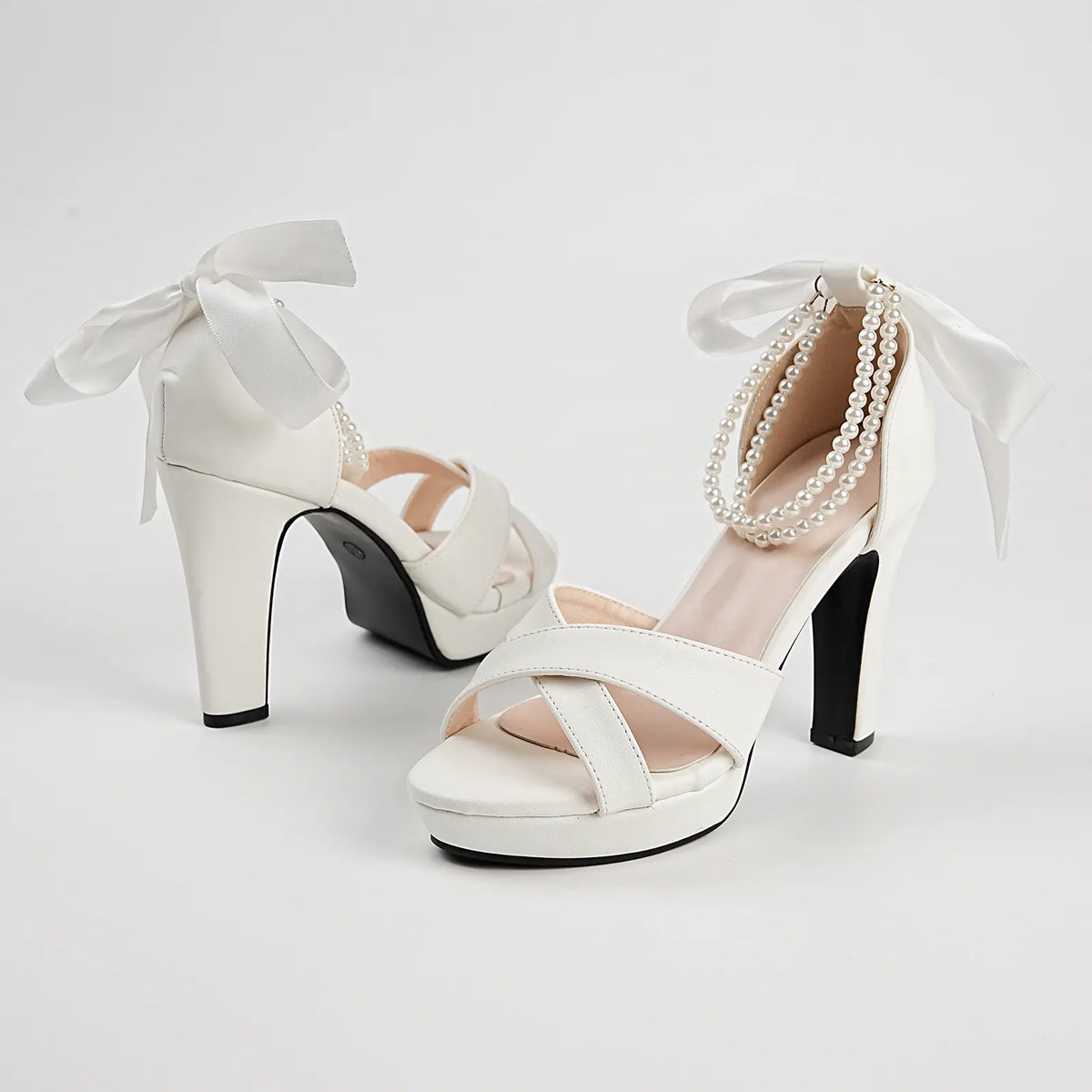 Pearl Ribbon Criss Cross Bridal Block Heel Sandals