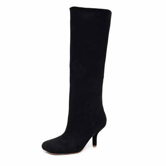 Wide Calf Suede Square Toe Pull On Knee High Boots