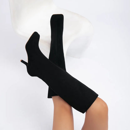 Wide Calf Suede Square Toe Pull On Knee High Boots