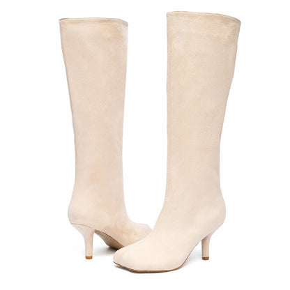 Wide Calf Suede Square Toe Pull On Knee High Boots