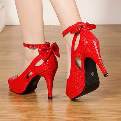 Bow Ankle Strap Peep Toe Stiletto Pumps