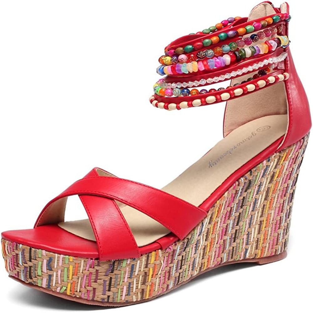 Women Wedge Sandals With Pearls Weave On Platform