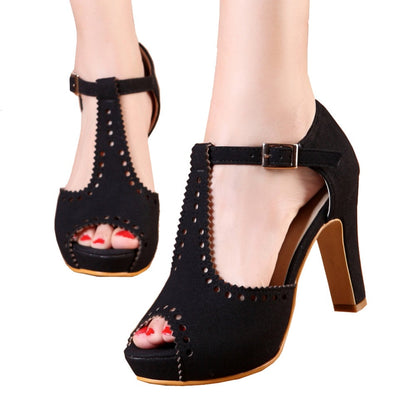 Vintage T-Strap Peep Toe Block Heels