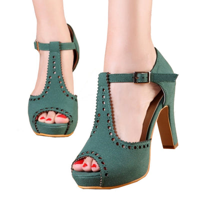 Vintage T-Strap Peep Toe Block Heels