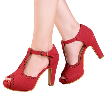 Vintage T-Strap Peep Toe Block Heels