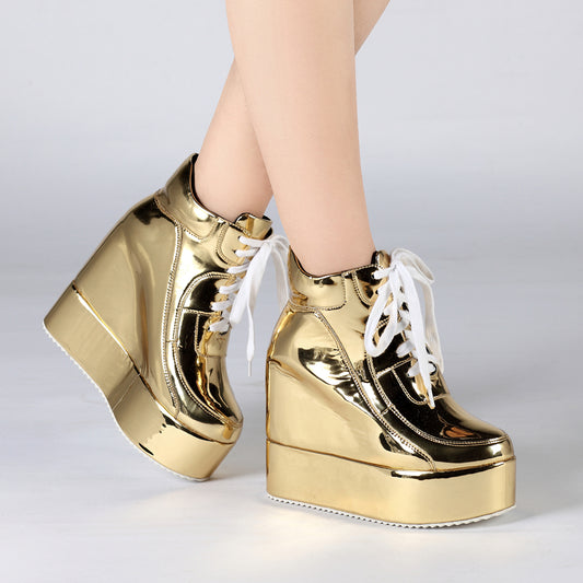 Patent Lace-Up Platform Wedge Sneakers