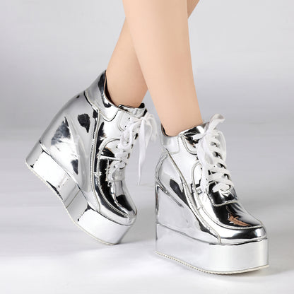 Patent Lace-Up Platform Wedge Sneakers