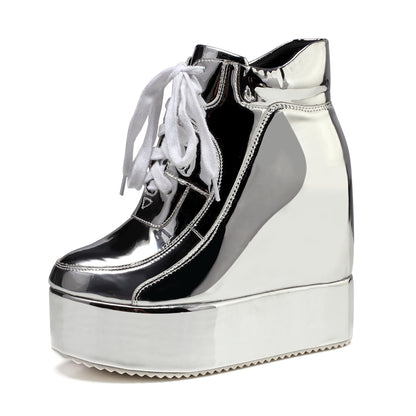 Patent Lace-Up Platform Wedge Sneakers
