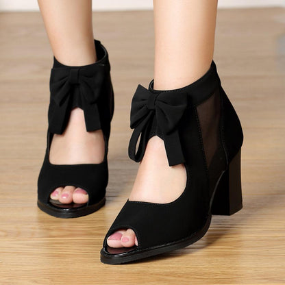 Vintage Bow Mesh Peep Toe Block Heel Booties