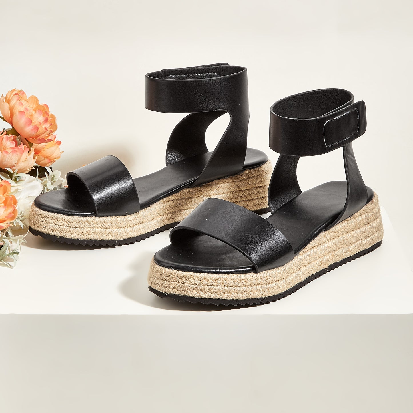 Women's Open Toe Espadrilles Platform Wedge Sandals Ankle Strap Low Heels Hemp Rope Beach Shoes