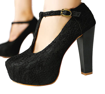 Vintage Lace T-Strap Platform Pumps