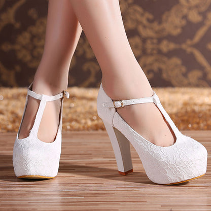 Vintage Lace T-Strap Platform Pumps