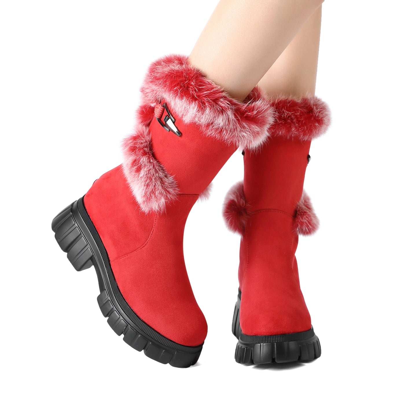 Women's Snow Ankle Boots With Genuine Rabbit Fur Sexy Furry Wedge mid calf Low Heel Winter Boots