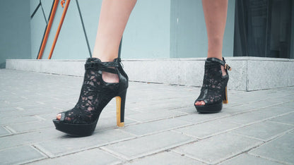 Floral Lace Metallic Block Heel Platform Booties